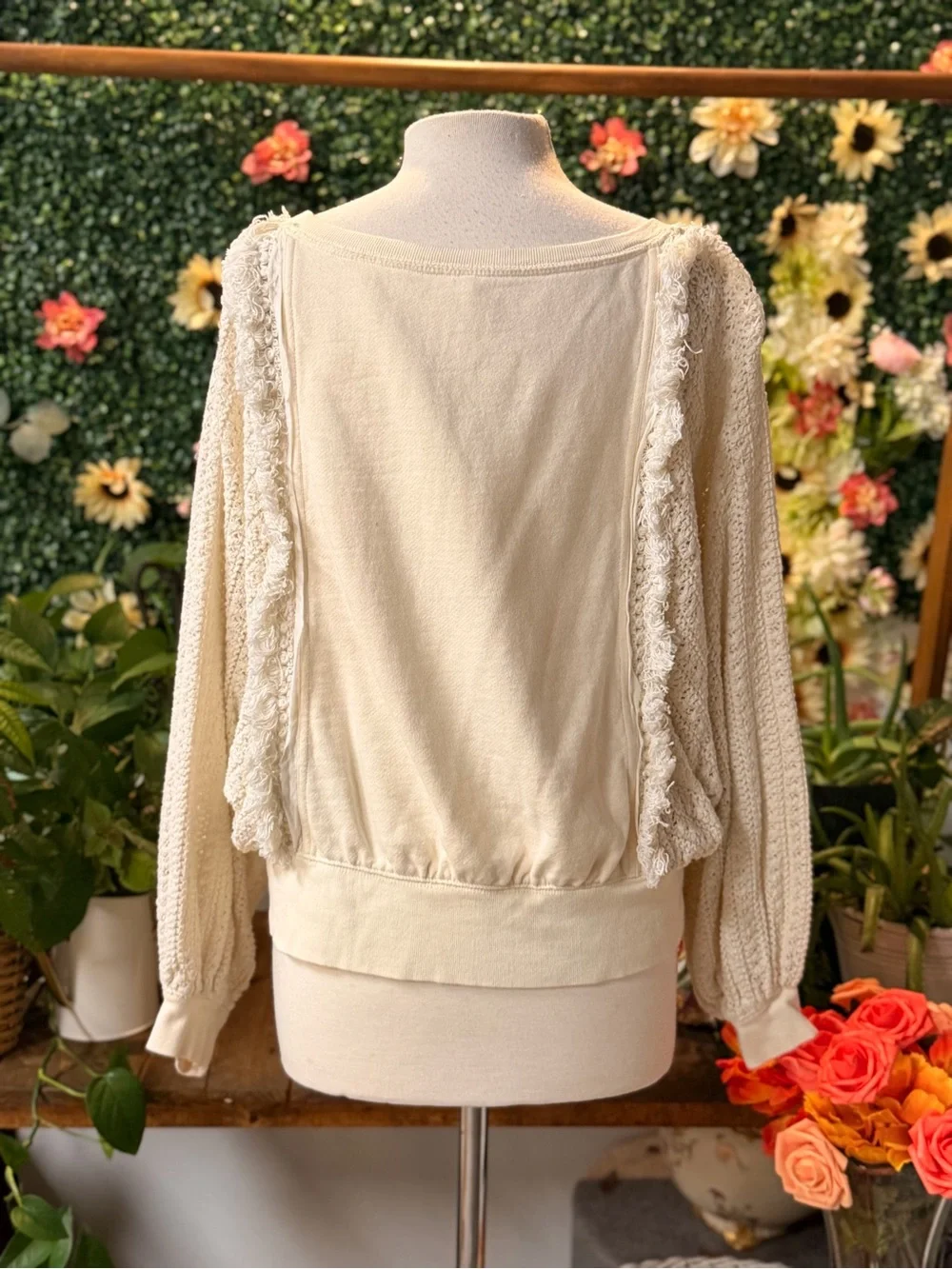 Free People Cream Fringe-Trim Knit Pullover